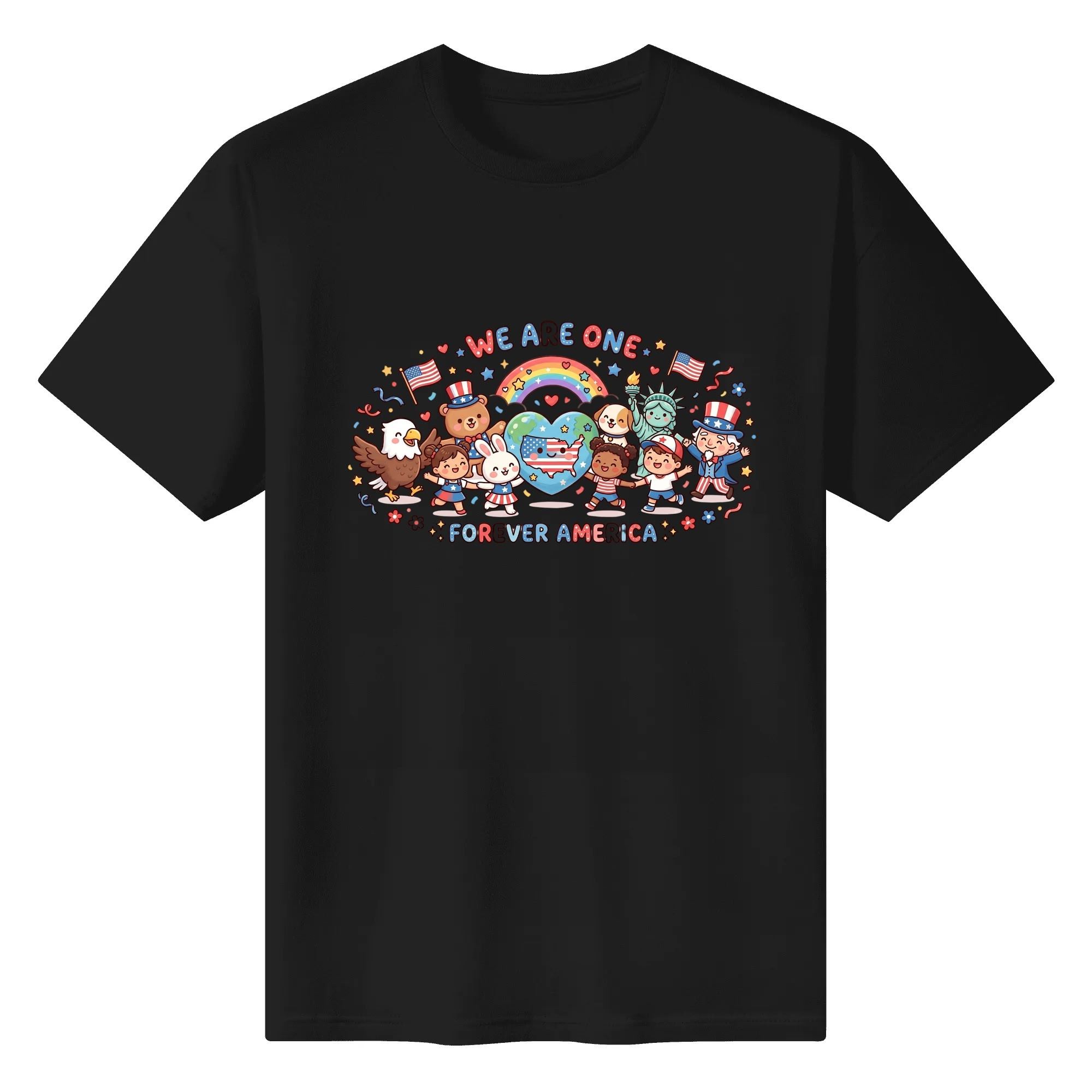Flat lay of the black T-shirt featuring the same kawaii print against a black background.