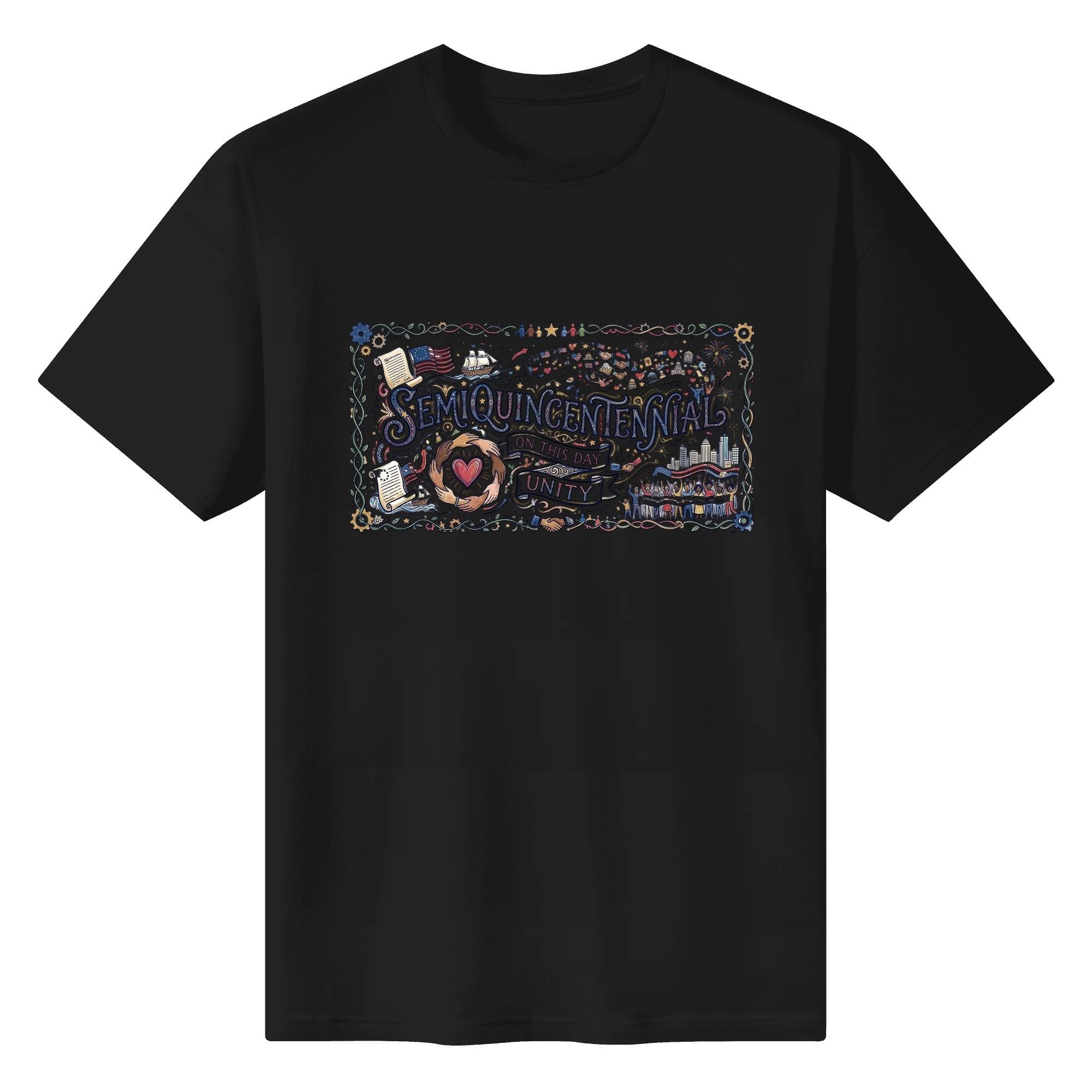 Flat lay of the black T-shirt featuring the same intricate folk-art print against a black background.
