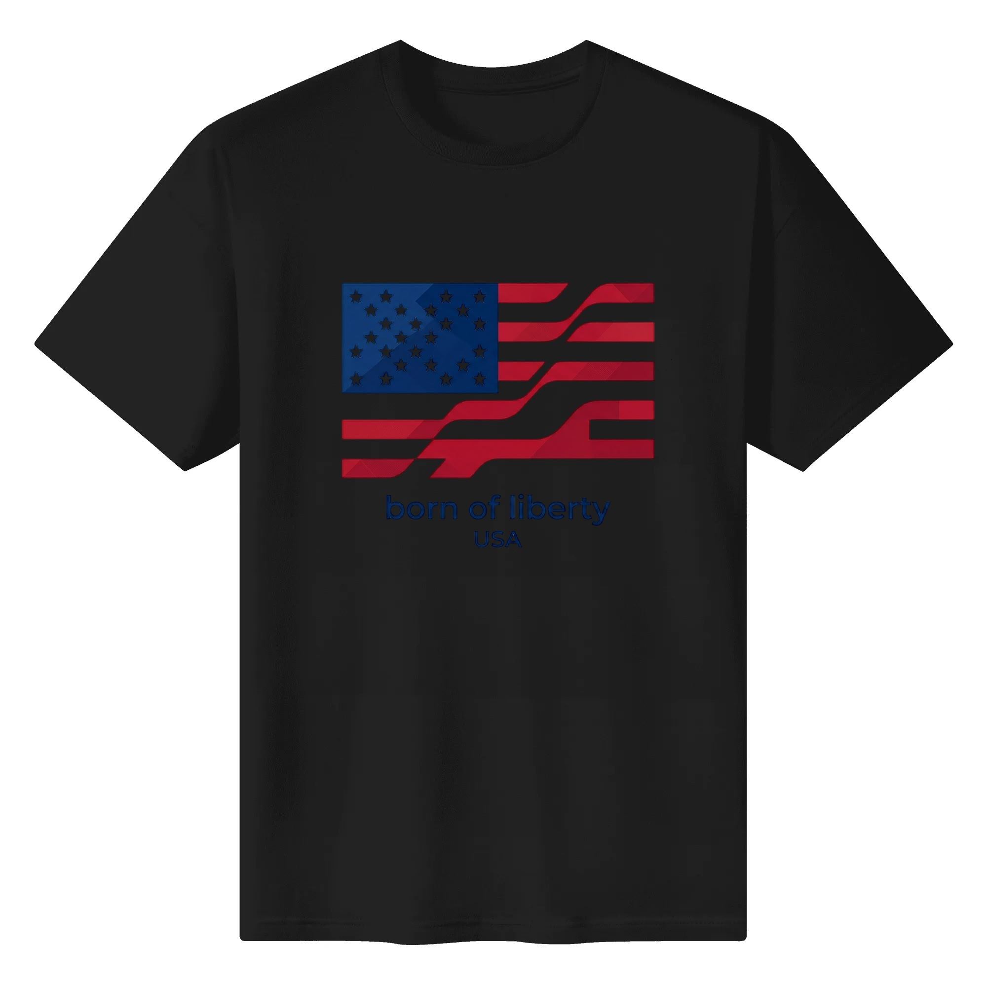 Flat lay of the black T-shirt featuring the same geometric flag print against a black background.