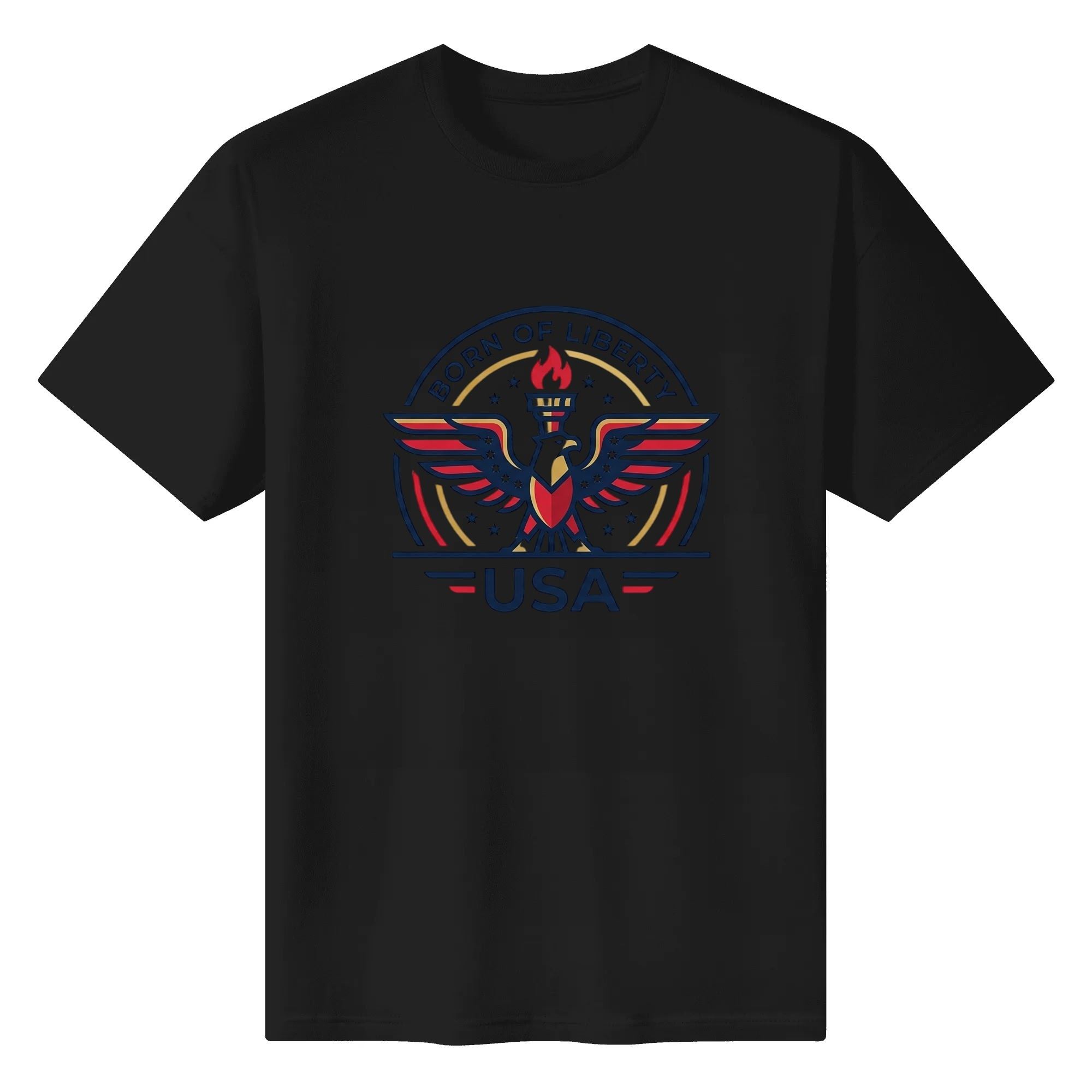 Flat lay of the black T-shirt featuring the same eagle emblem print against a black background.