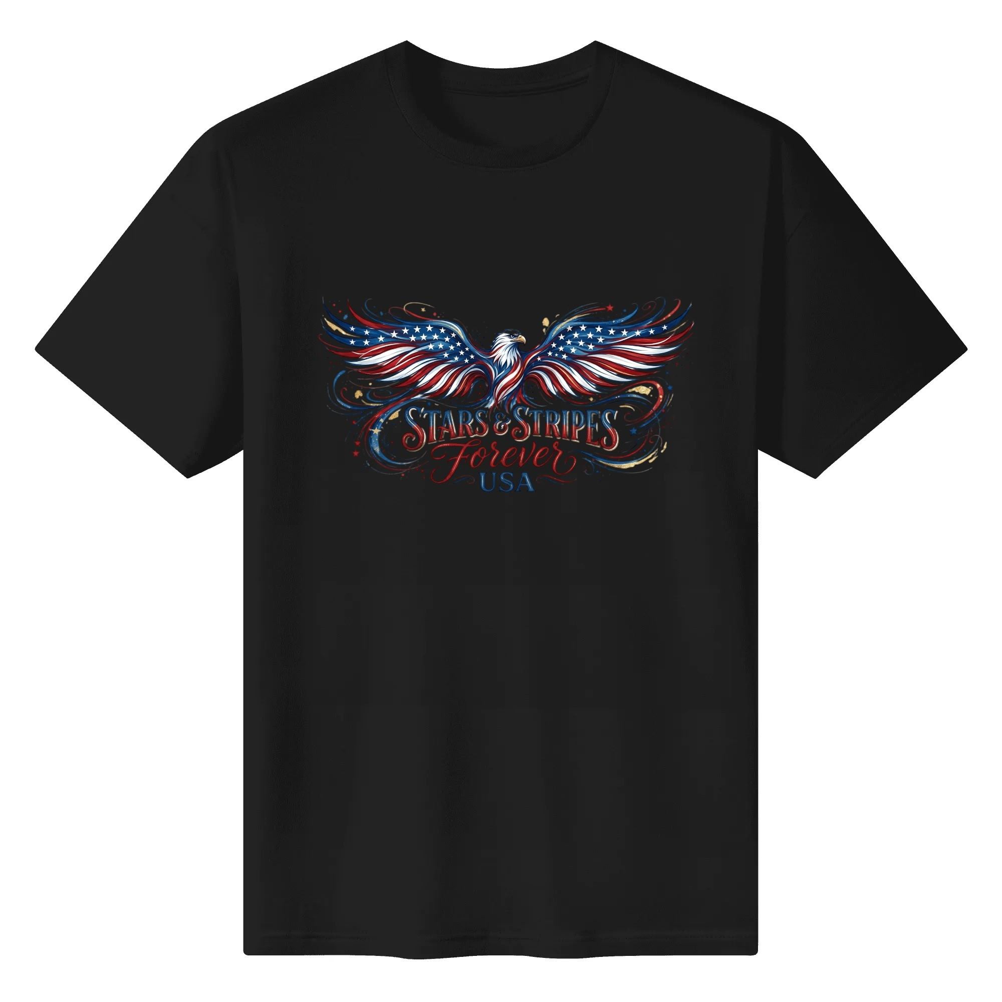 Flat lay of the black T-shirt featuring the same watercolor eagle print against a black background.