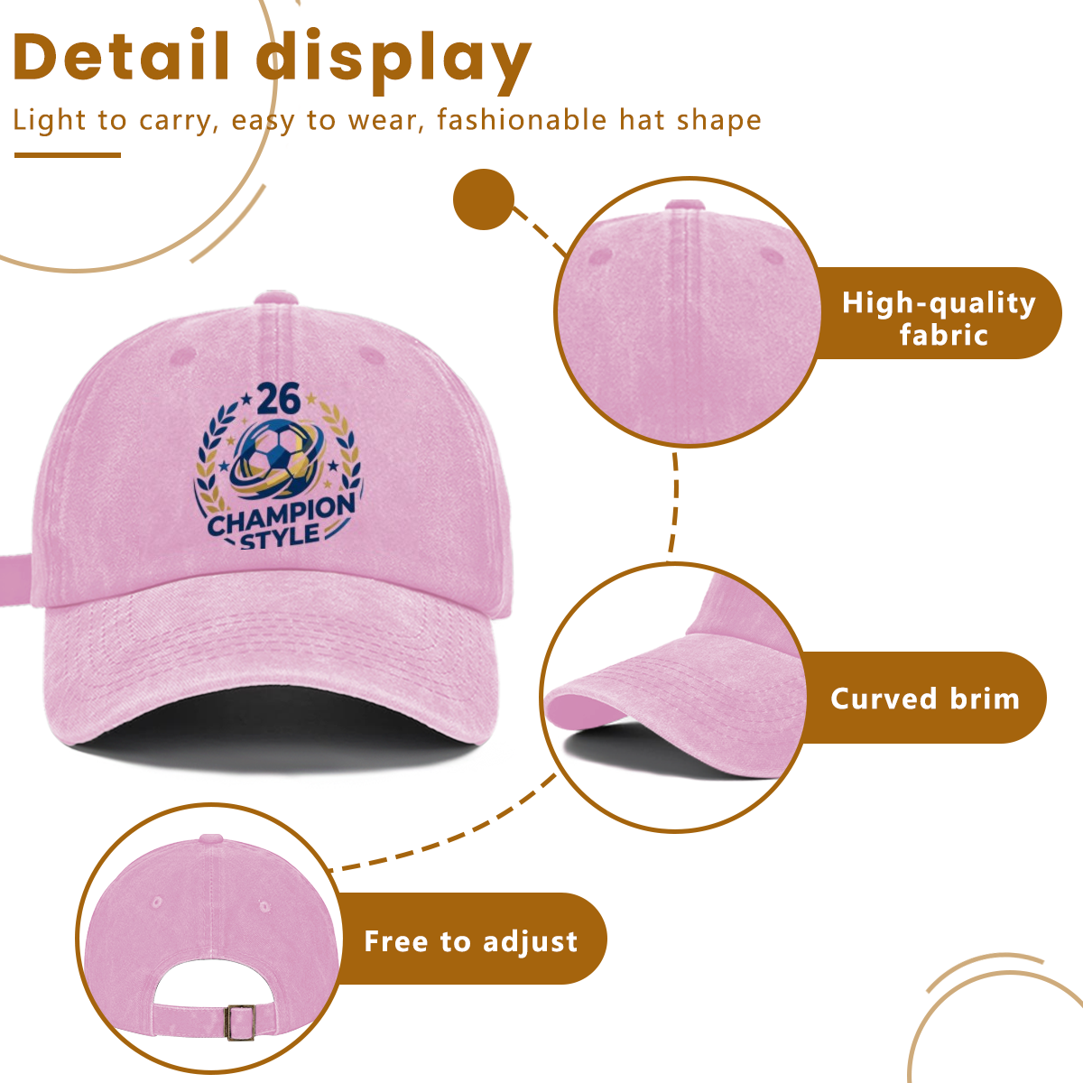 Detail diagram of washed cotton World Cup champion baseball cap, premium soft fabric, curved sun brim, adjustable metal buckle back strap