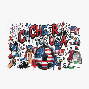 Flat lay rectangular tin sign, street art graffiti "CHEER FOR USA" World Cup full graphic featuring American flag soccer ball, bald eagle, US flags, megaphone, footballer, crowd silhouettes and firework splatters
