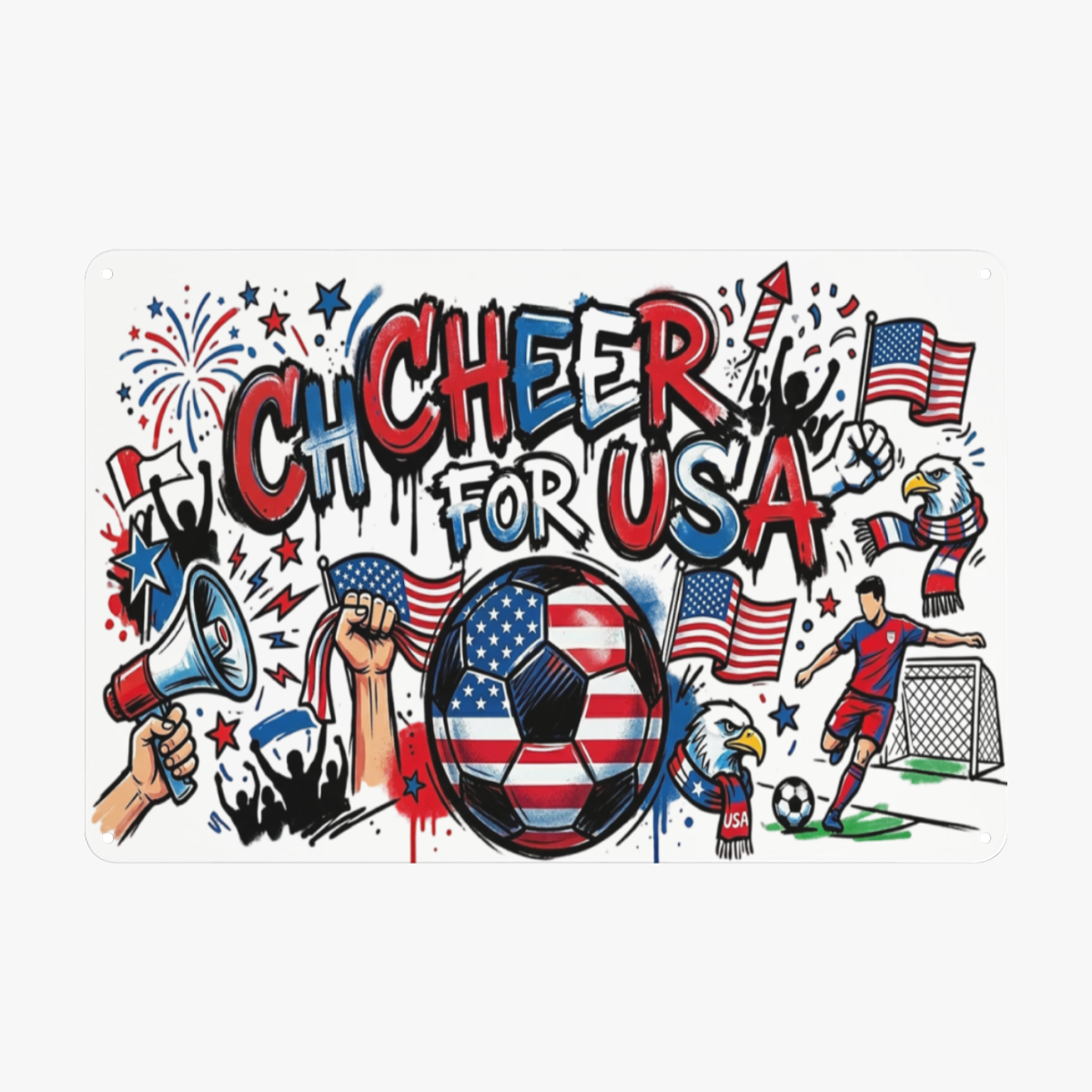 Flat lay rectangular tin sign, street art graffiti "CHEER FOR USA" World Cup full graphic featuring American flag soccer ball, bald eagle, US flags, megaphone, footballer, crowd silhouettes and firework splatters