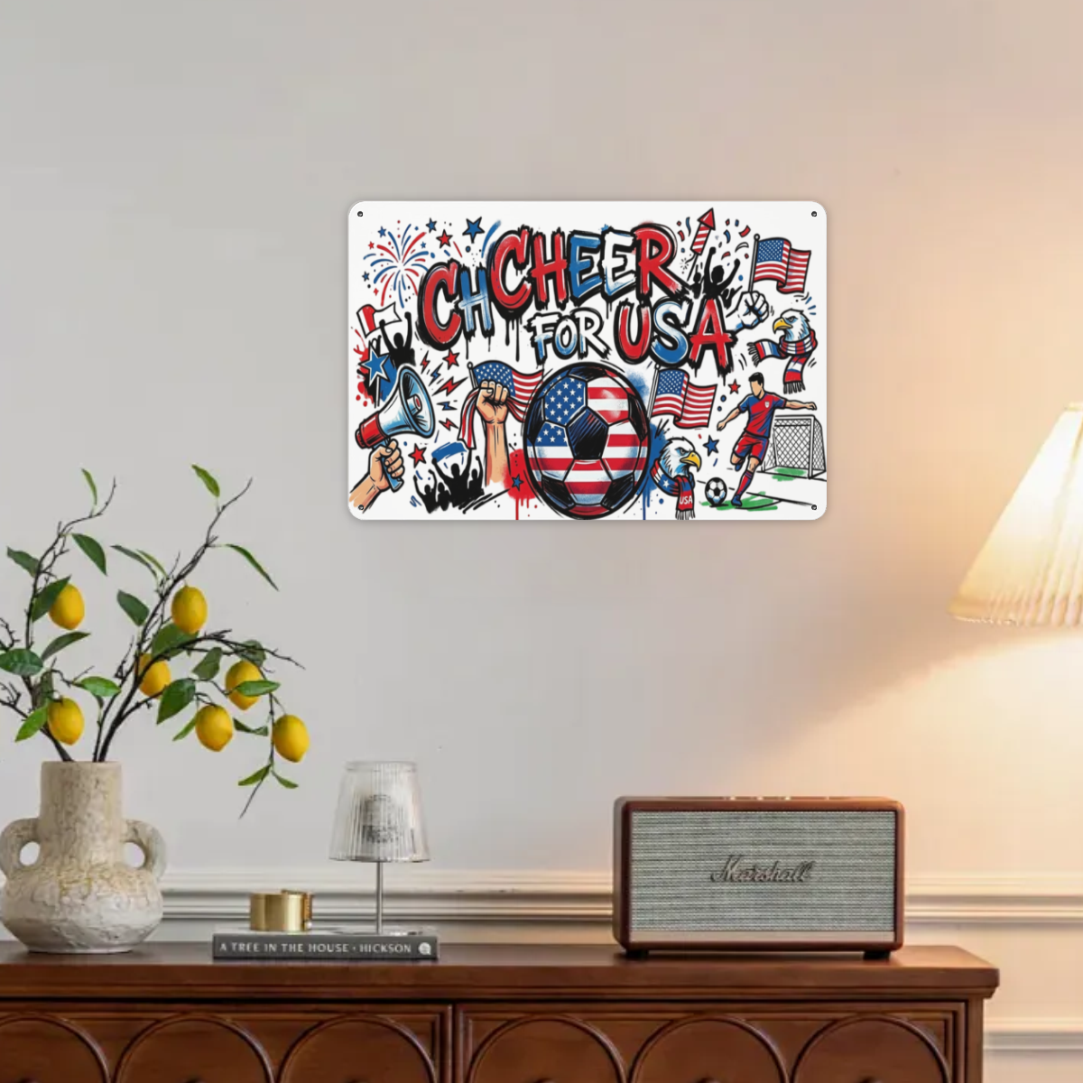 Indoor lifestyle photo: Cheer For USA World Cup graffiti metal tin sign mounted on plain living room wall as sports home wall decor