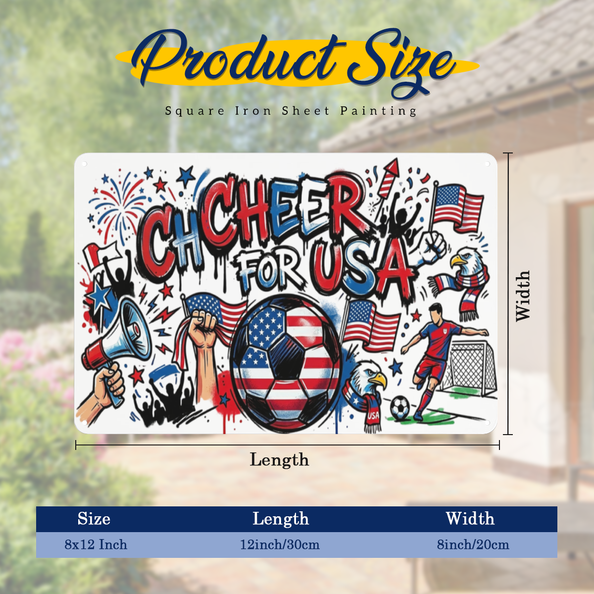 Size chart for 8×12 inch World Cup metal tin sign, vibrant graffiti "CHEER FOR USA" print with US flag soccer ball, bald eagle, soccer player, cheering fans & fireworks, 12in×8in sports wall plaque dimension diagram