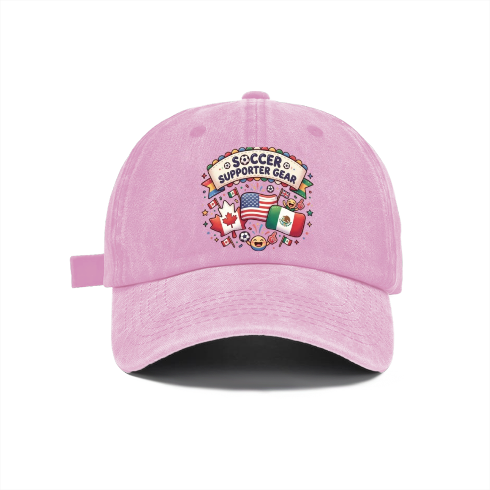 Front view of a light pink washed baseball cap with the "Soccer Supporter Gear" print.