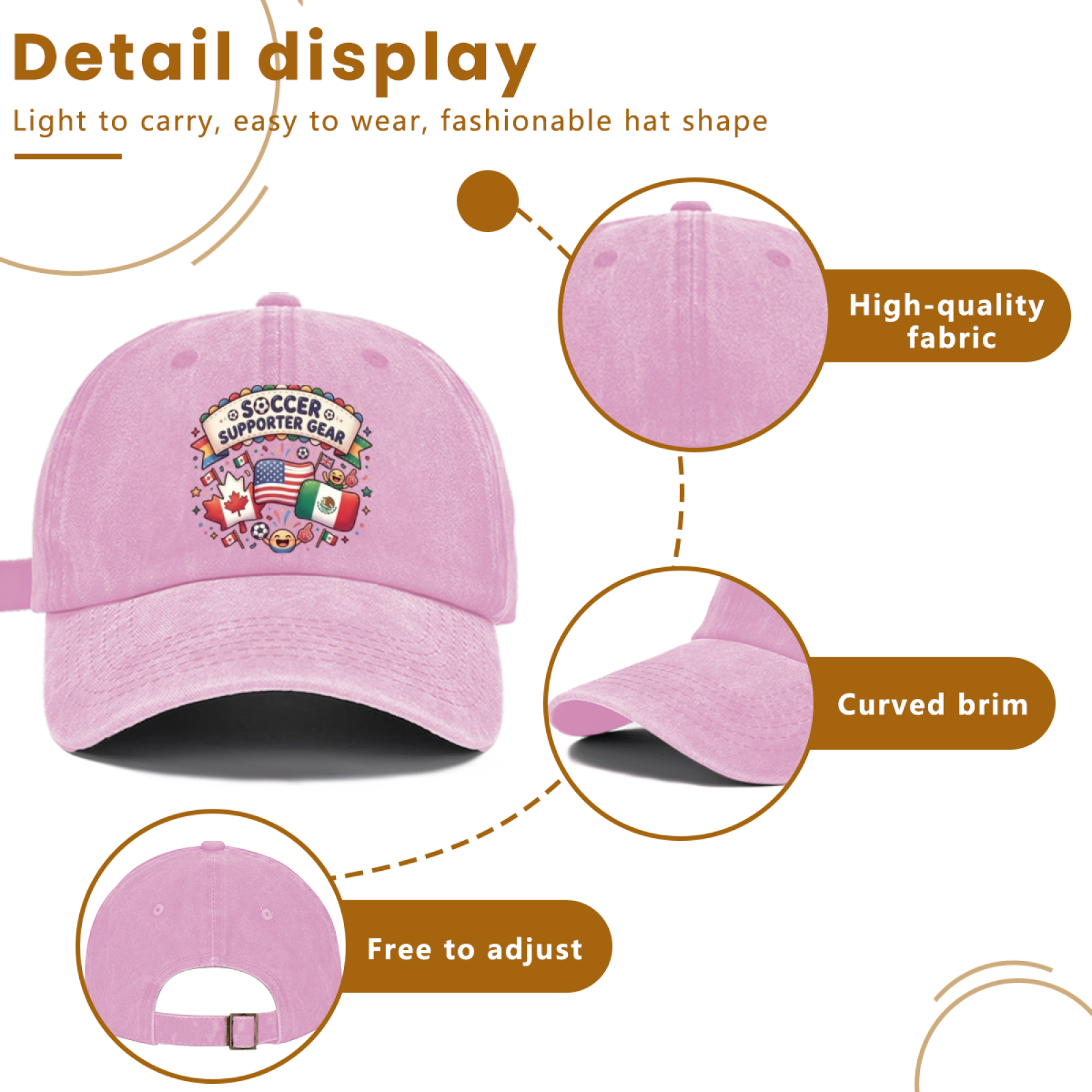 Detail display of the pink soccer hat, highlighting high-quality fabric, curved brim, and adjustable back strap.