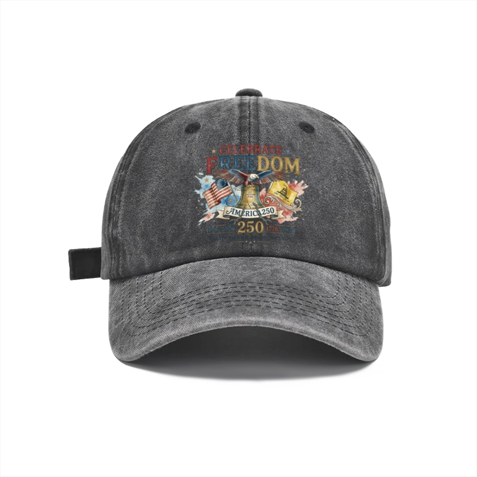 Dark grey washed cap: Dark distressed wash cotton baseball cap with retro watercolor eagle Liberty Bell USA flag 1776-2026 patriotic graphic