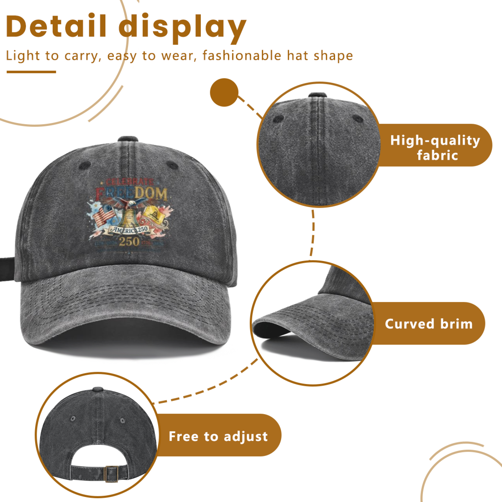 Cap feature display: premium washed cotton fabric, curved sun brim, adjustable rear buckle closure