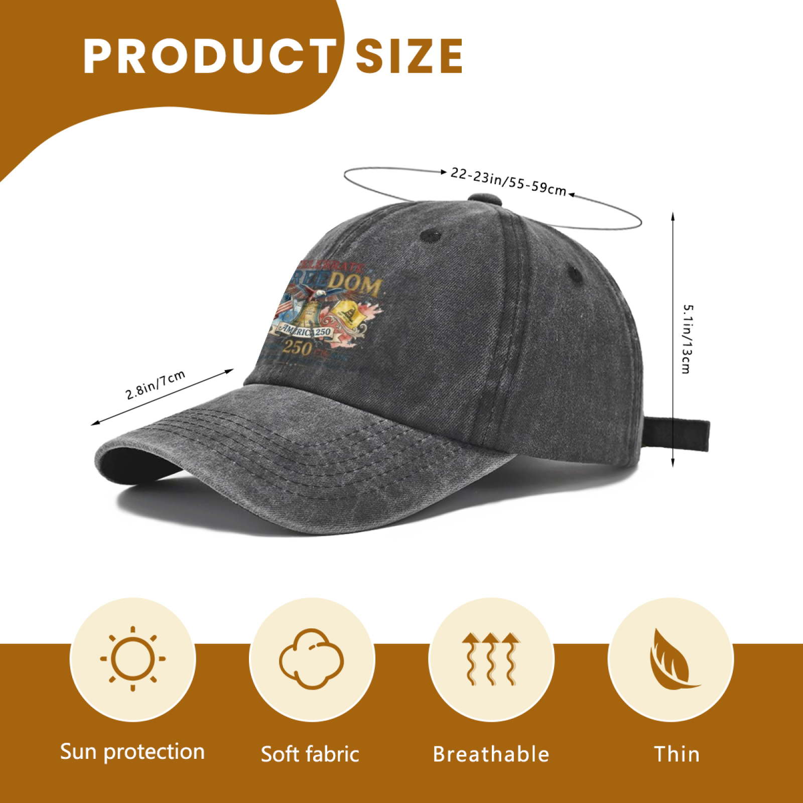 USA 250 patriotic washed dad cap size info, head size 22-23in, breathable sun-protection lightweight cap
