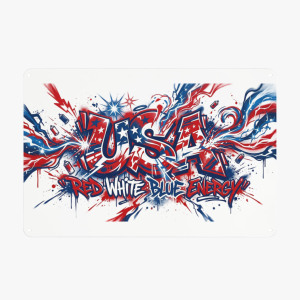 Flat shot of rectangular tin sign, vibrant street graffiti USA typography filled with star-spangle patterns, spray paint splatters, lightning and spray can details, patriotic 250 years of independence wall art