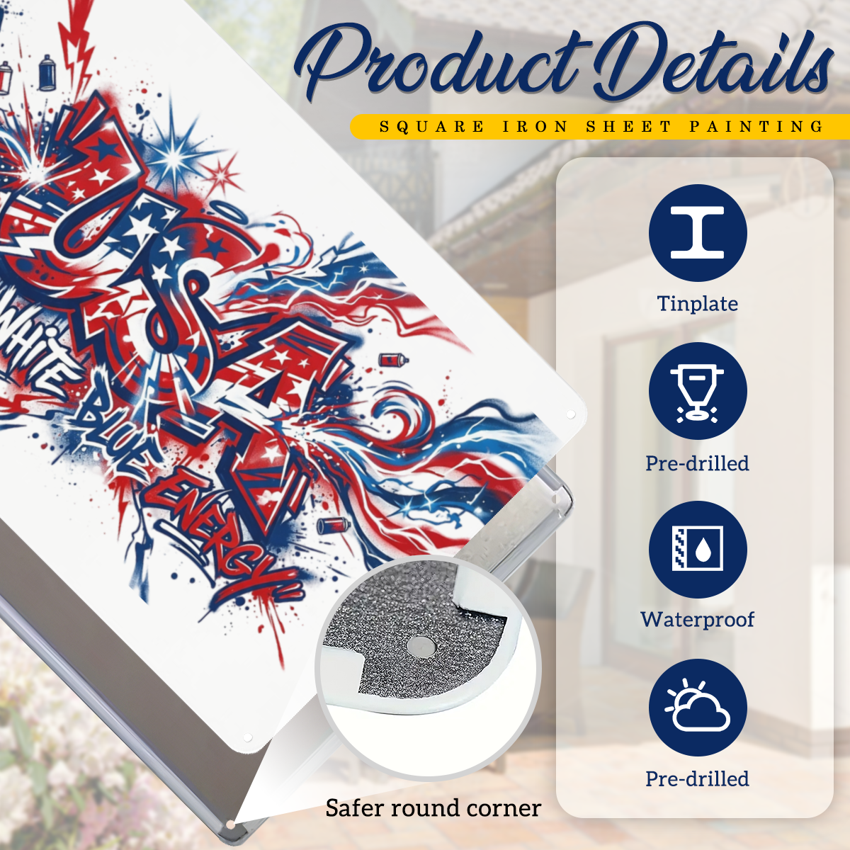 Product detail close-up: Lightweight tinplate material, smooth safe rounded anti-scratch corners, pre-punched mounting holes, weatherproof coating on patriotic USA graffiti metal wall plaque
