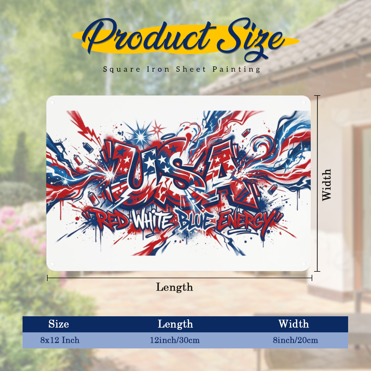 Product size chart for 8x12 inch patriotic metal tin sign, bold 3D graffiti USA letter print with "RED WHITE BLUE ENERGY", red blue splash street art, USA 250th anniversary wall plaque dimension diagram