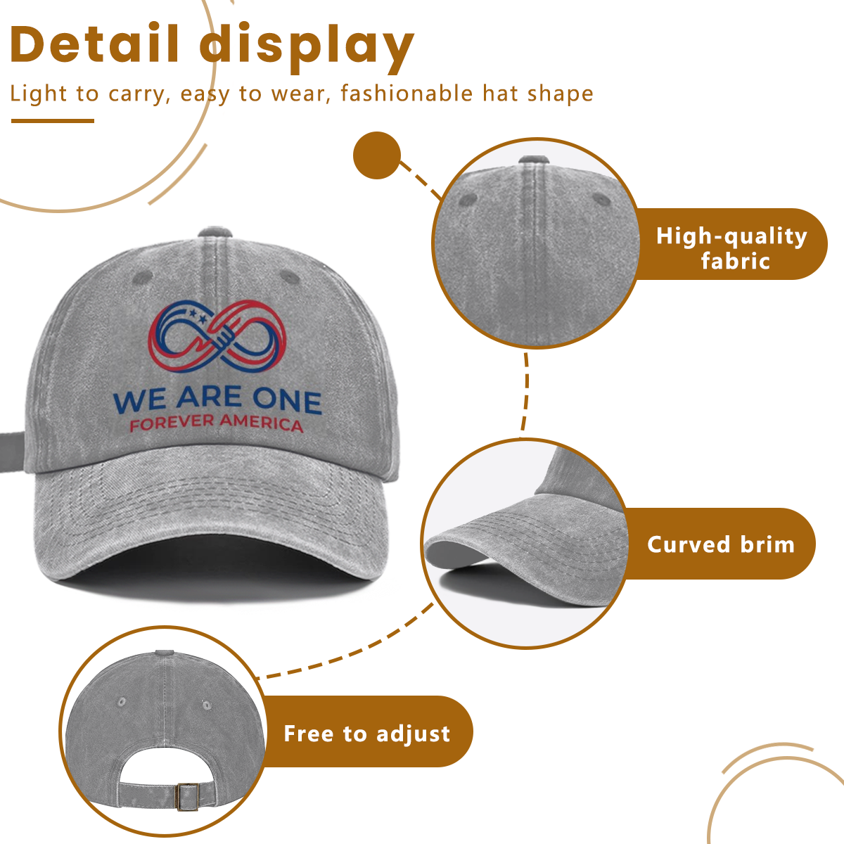 Detail diagram of washed cotton patriotic cap, premium soft breathable fabric, curved sun visor, adjustable metal buckle back strap