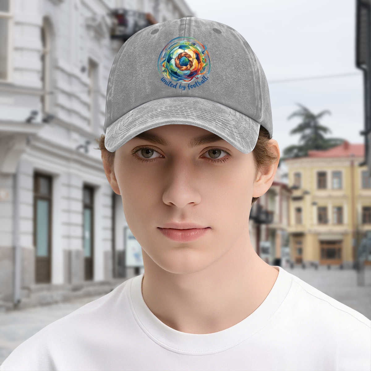 Male model wearing light gray 2026 World Cup unity soccer vintage washed dad hat, casual street football fan outfit
