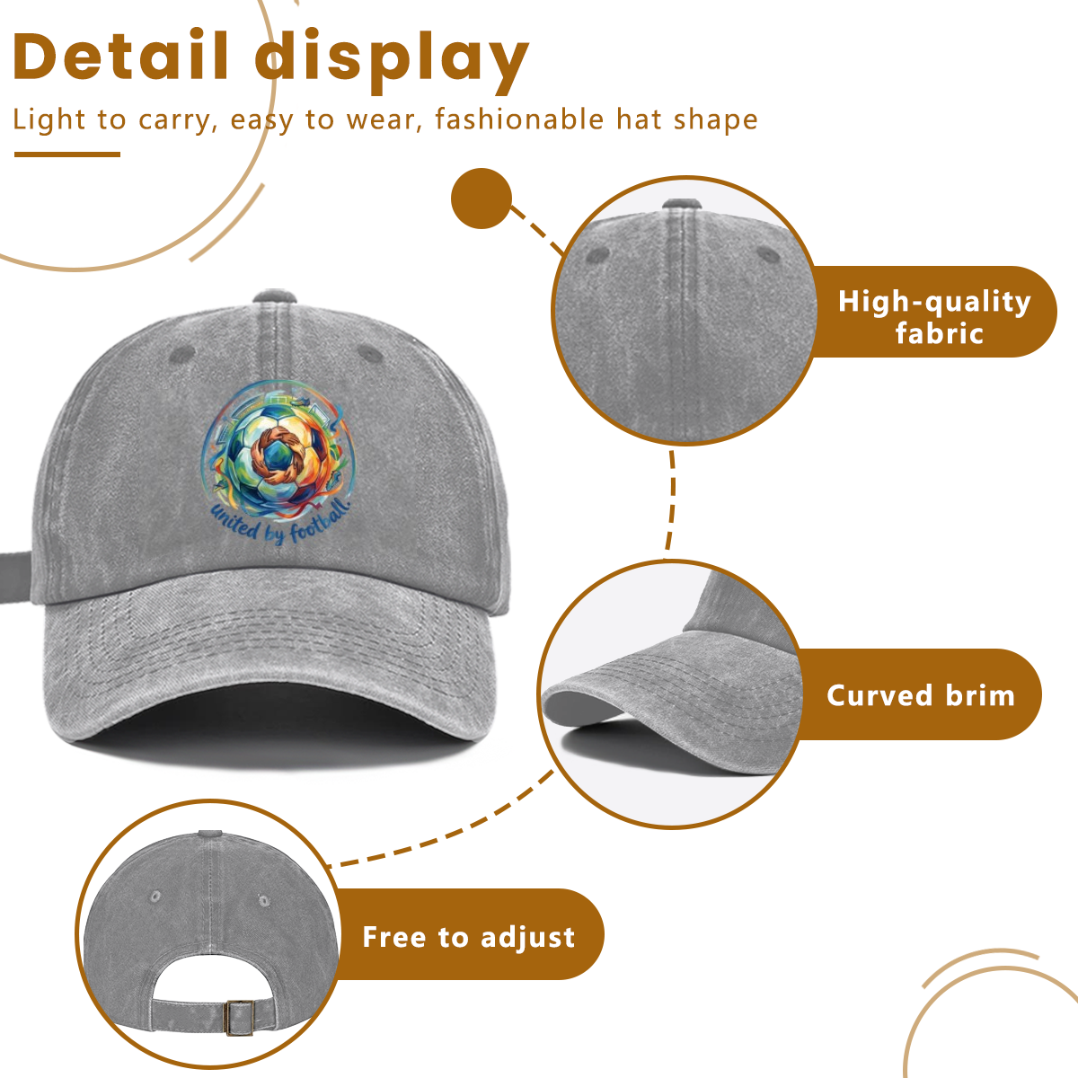 Detail diagram of washed cotton World Cup baseball cap, premium soft breathable fabric, curved sun visor, adjustable metal buckle back strap