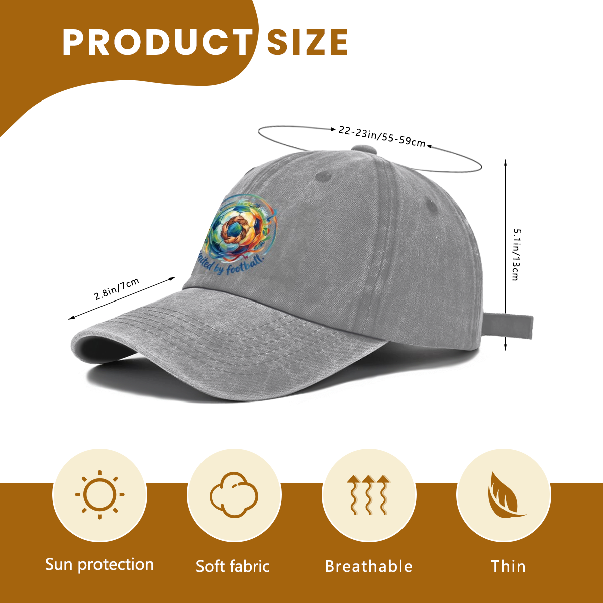 Size chart of 2026 World Cup unity vintage dad hat, adjustable 55-59cm head circumference, lightweight sun protection cotton fan cap