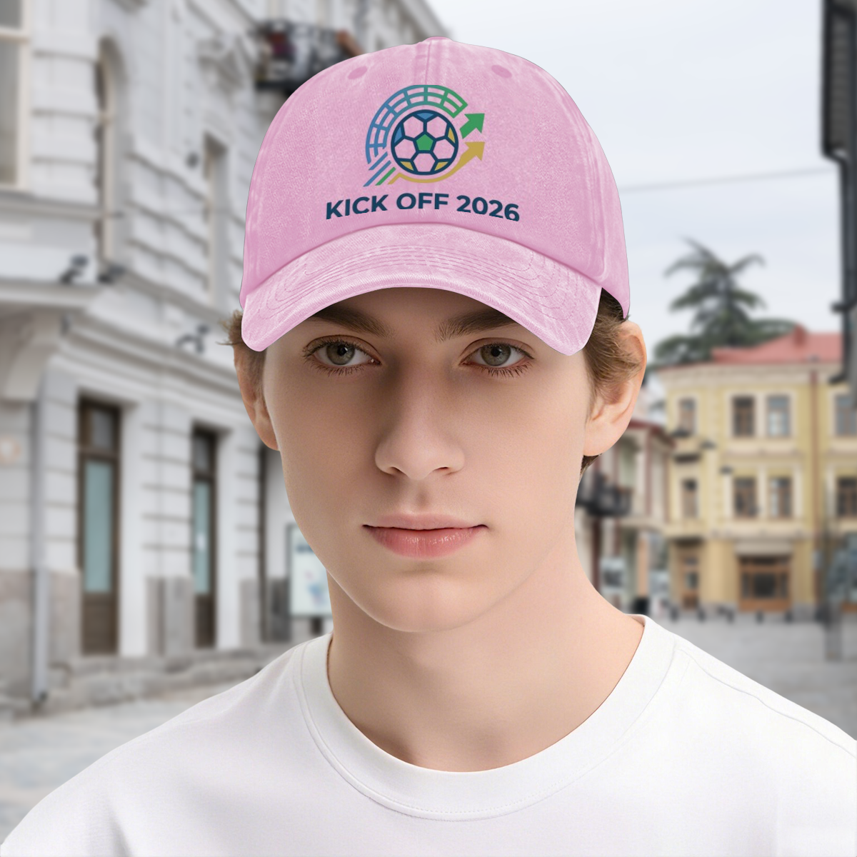Young male model wearing pastel pink Kick Off 2026 soccer stadium washed dad hat outdoor street lifestyle photo