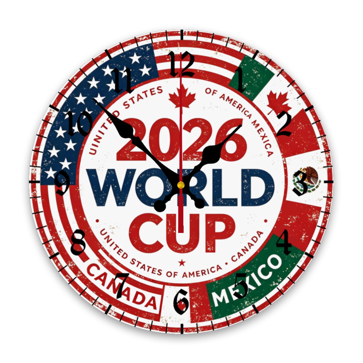 10-inch silent wall clock with a distressed "2026 World Cup" design, featuring USA, Canada, and Mexico flag elements and host nation emblems.
