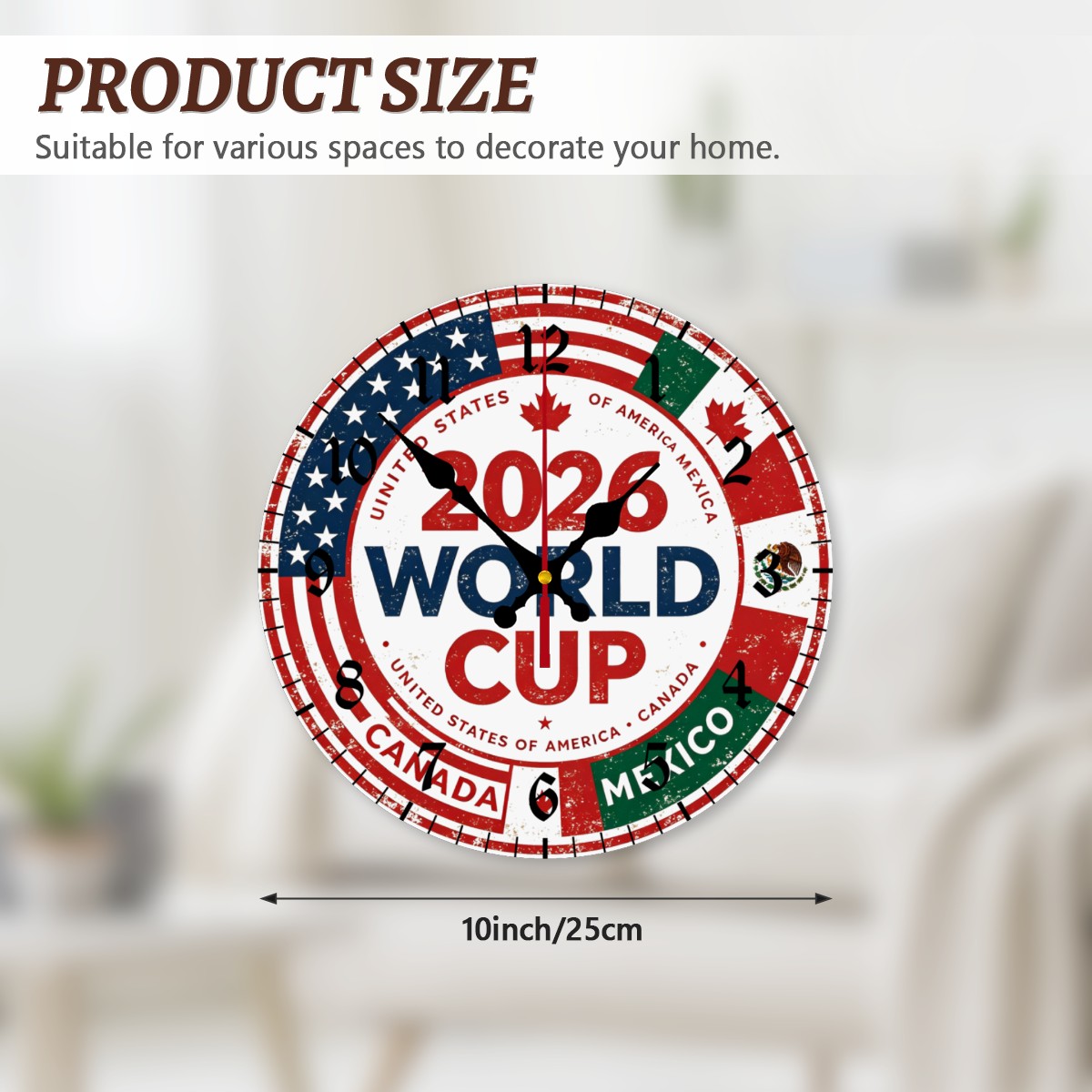 Size reference: the clock is 10 inches/25cm in diameter, suitable for various home decor styles.
