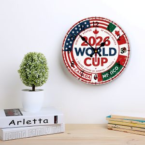 Lifestyle shot of the clock hanging in a bright, minimalist living room.