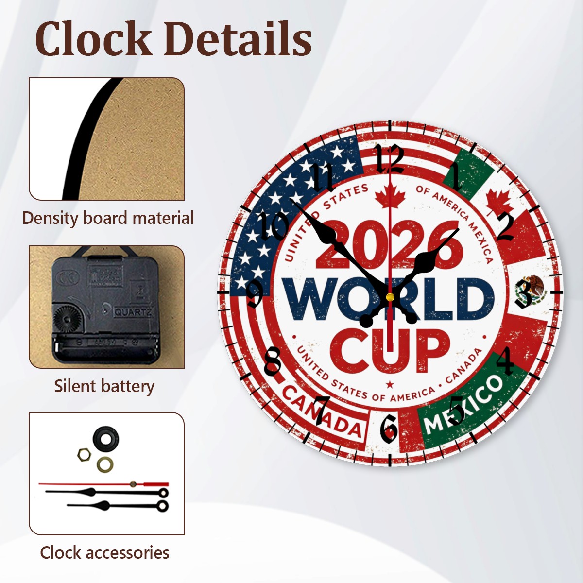 Product details: density board material, silent quartz movement, and included clock parts.