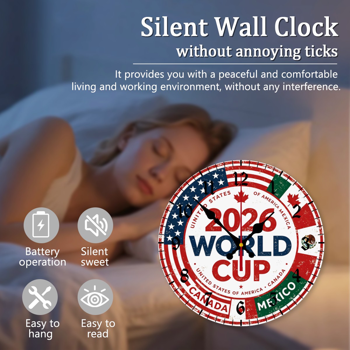 Vintage "2026 World Cup" USA-Canada-Mexico Silent Wall Clock | 10-inch Fan Decor - Image 6