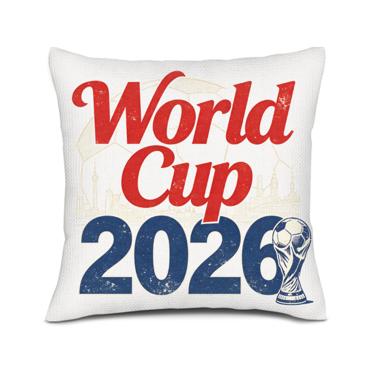 Close-up of the pillow cover featuring a distressed vintage "World Cup 2026" print with red/blue lettering, a World Cup trophy icon, and faint host city skyline silhouettes.