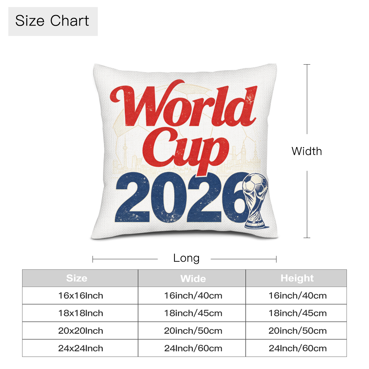 Size chart for the "World Cup 2026 Trophy & Skyline" vintage-style pillow cover, available in 16x16, 18x18, 20x20, and 24x24 inch sizes.
