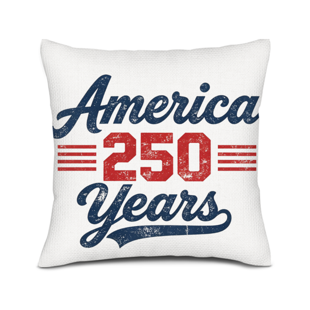 Close-up of the pillow cover featuring a vintage-style "America 250 Years" print in navy blue and red distressed lettering.