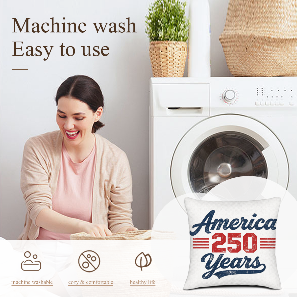 Washing care graphic highlighting that the pillow cover is machine washable, cozy, and healthy.