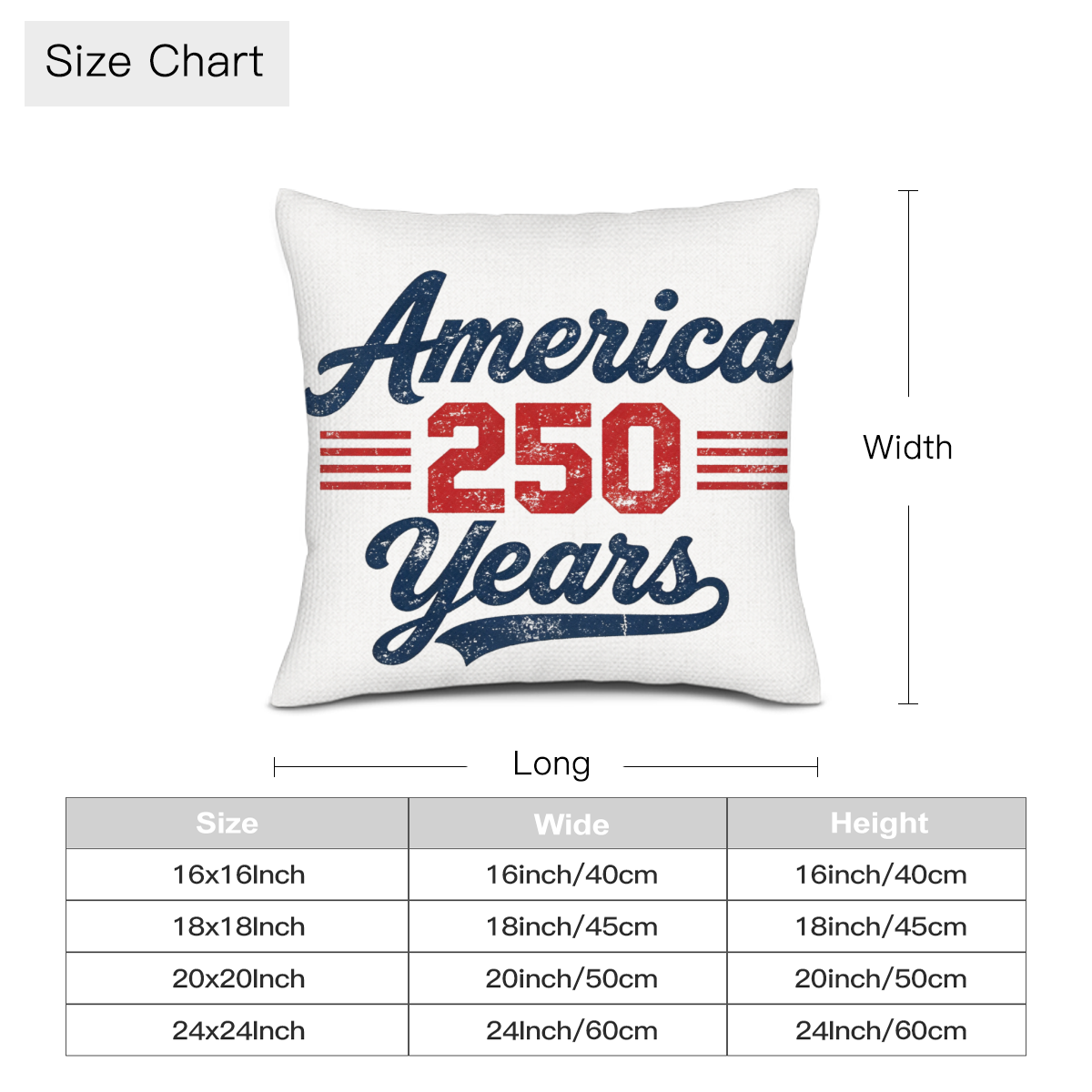 Size chart for the "America 250 Years" patriotic pillow cover, available in 16x16, 18x18, 20x20, and 24x24 inch sizes.