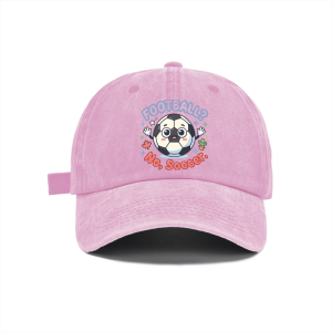 Soft washed light pink adjustable baseball cap featuring kawaii soccer character print for 2026 World Cup fans