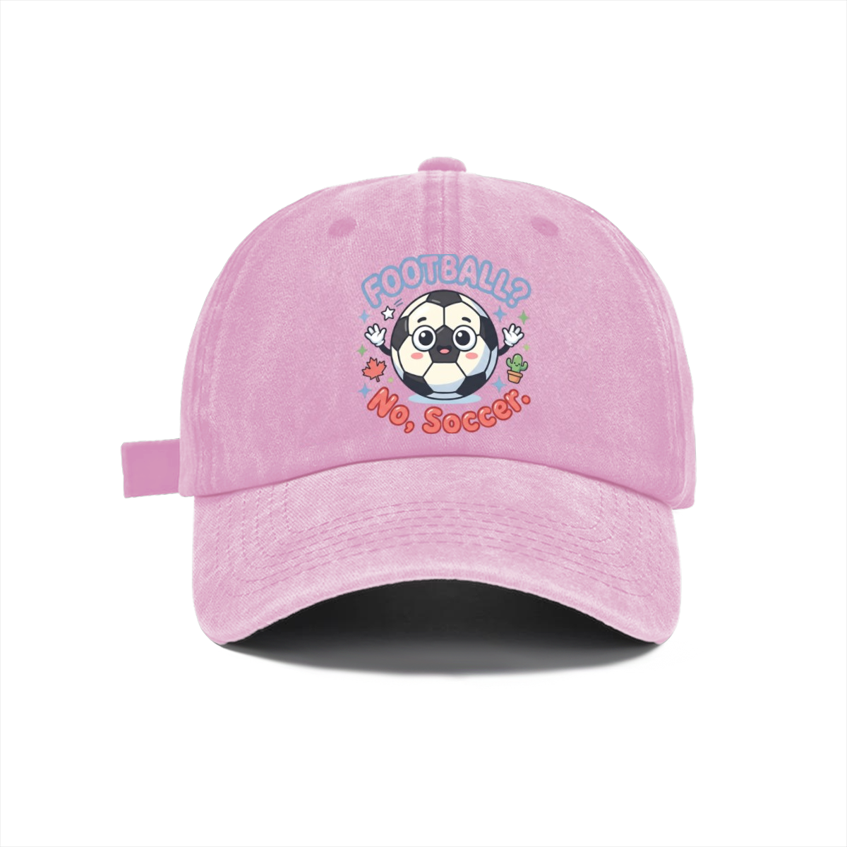Soft washed light pink adjustable baseball cap featuring kawaii soccer character print for 2026 World Cup fans