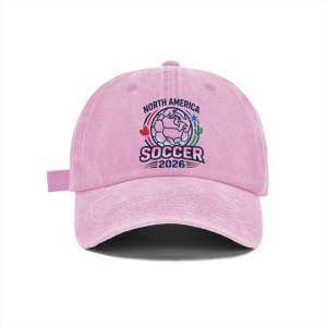 Detail diagram of washed cotton World Cup soccer baseball cap, premium soft breathable fabric, curved sun visor, adjustable metal buckle back strap