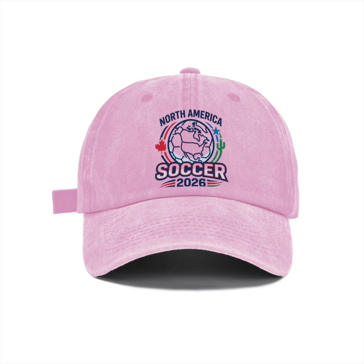Detail diagram of washed cotton World Cup soccer baseball cap, premium soft breathable fabric, curved sun visor, adjustable metal buckle back strap