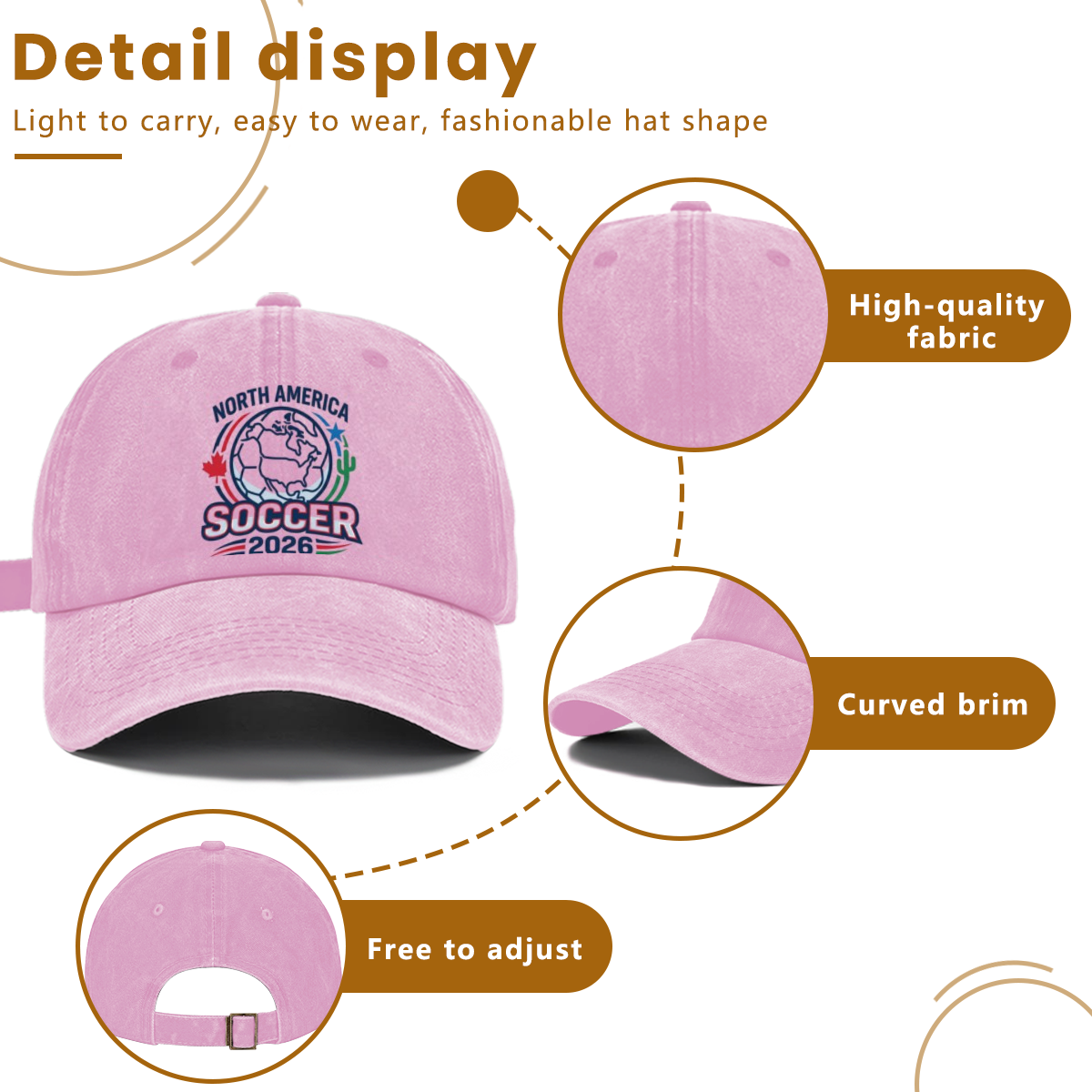 Washed pink adjustable soccer fan dad hat, 2026 World Cup North America globe maple cactus football print vintage casual cap