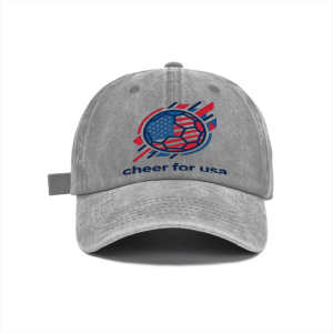 Front view of the light gray washed baseball cap, showing the full design and distressed finish