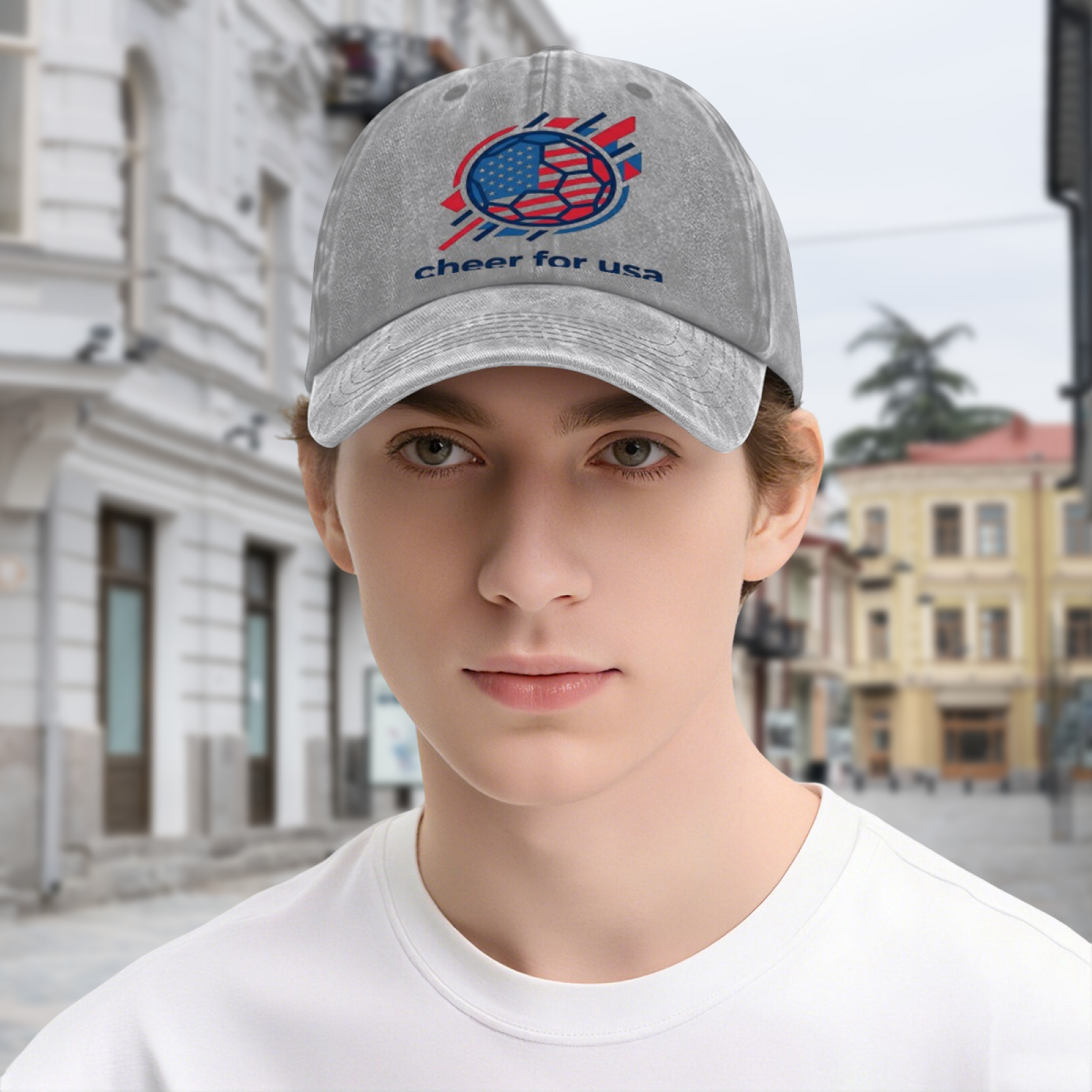 Lifestyle shot of the gray “Cheer For USA” cap worn outdoors, demonstrating casual styling