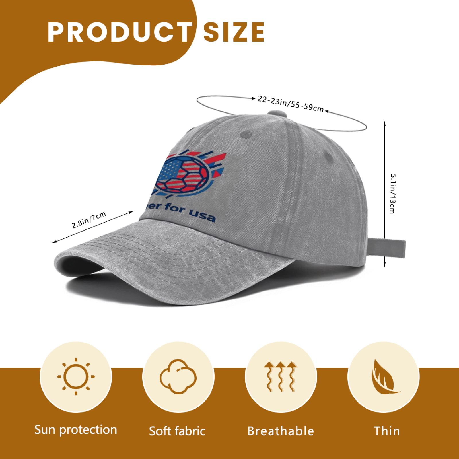 Size chart for the “Cheer For USA” baseball cap, showing dimensions (head circumference 22-23in/55-59cm, brim length 2.8in/7cm, height 5.1in/13cm) and key features: sun protection, soft fabric, breathable, lightweight