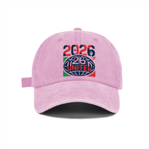 Soft washed pastel pink baseball hat with 2026 United globe football fan graphic
