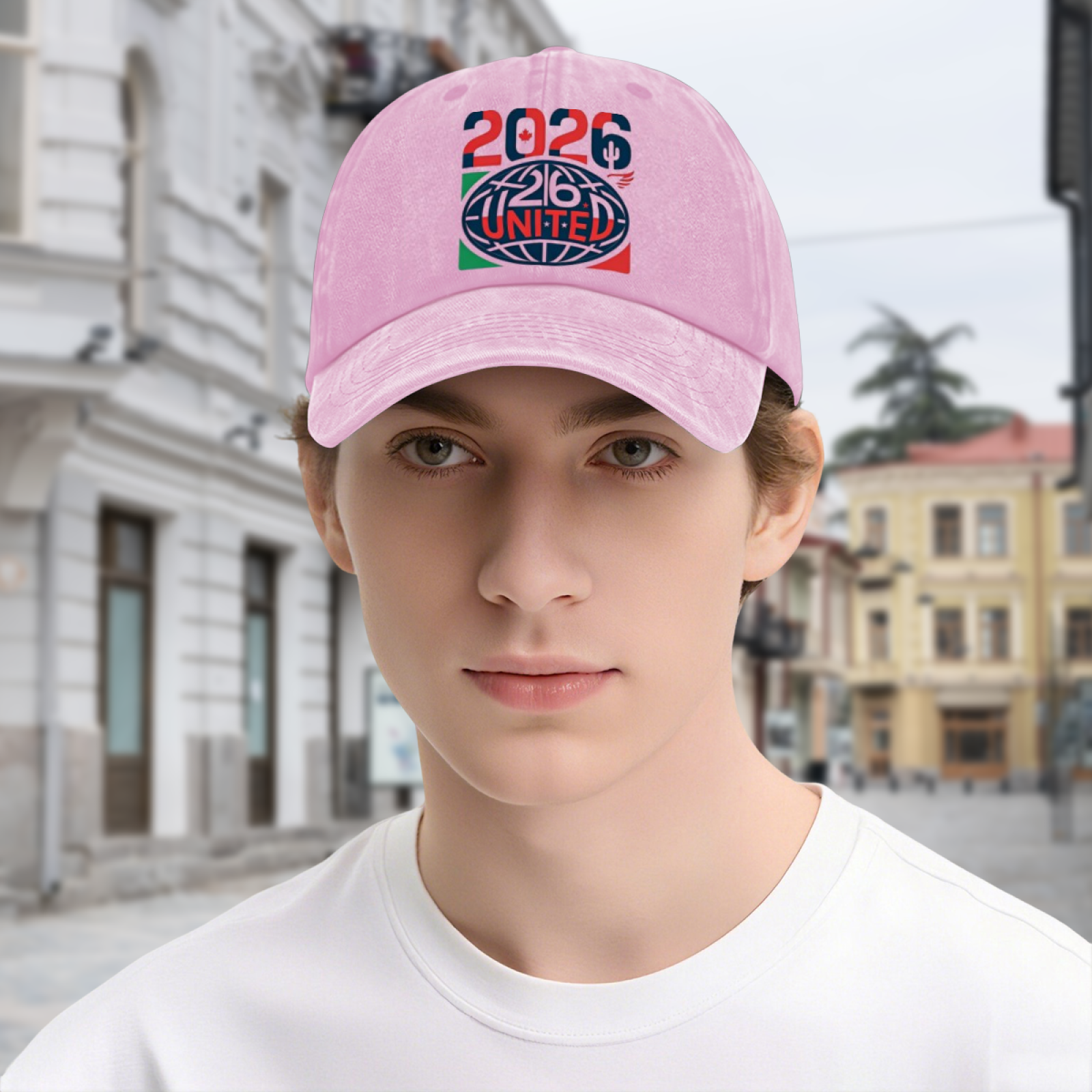 Young man wearing pink 2026 World Cup United globe print washed baseball cap for street casual styling