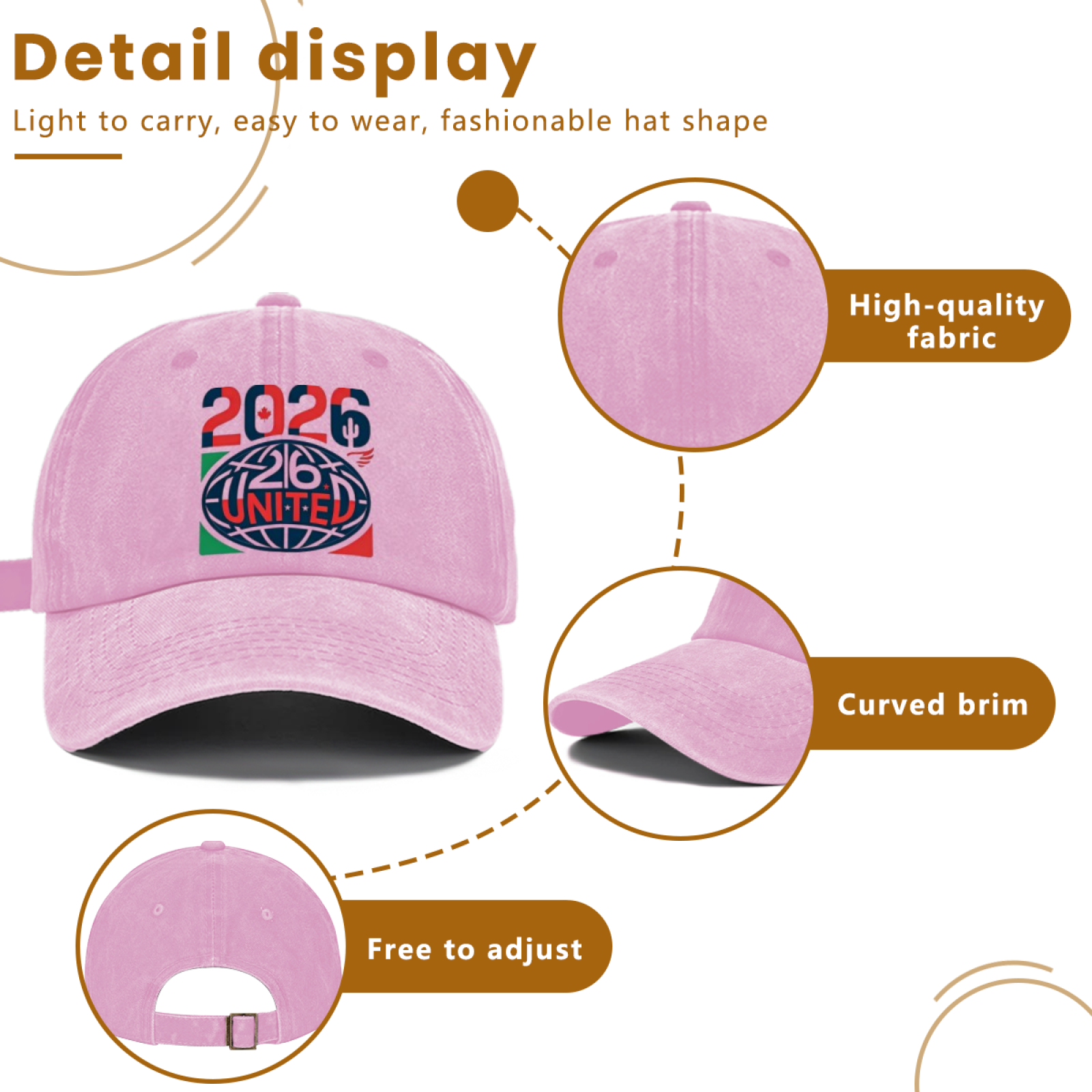 Close-up split view of pink soccer fan cap showing premium fabric, curved brim and adjustable back strap details