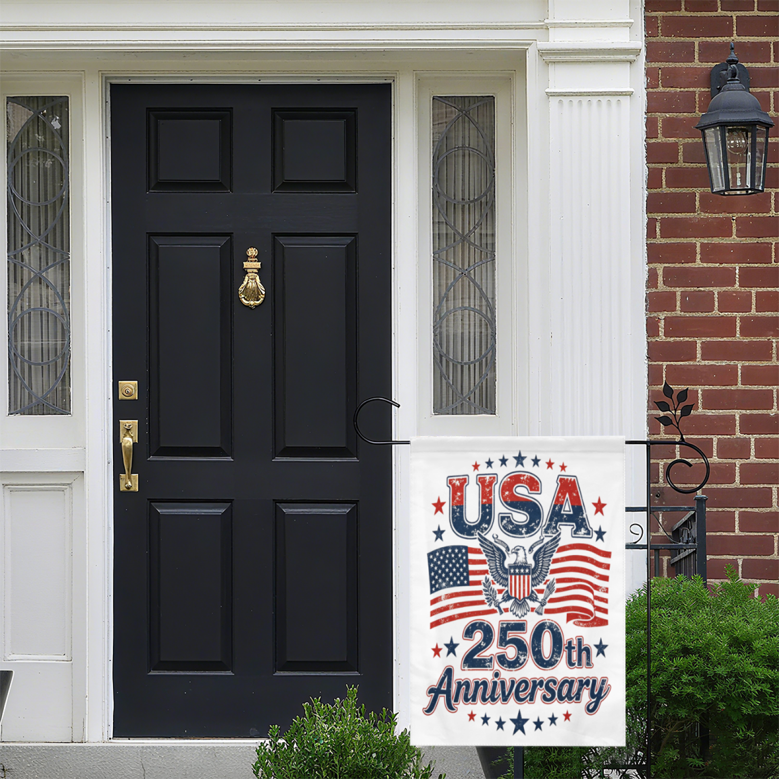 The flag mounted by a front door, adding patriotic decor to the home entrance.