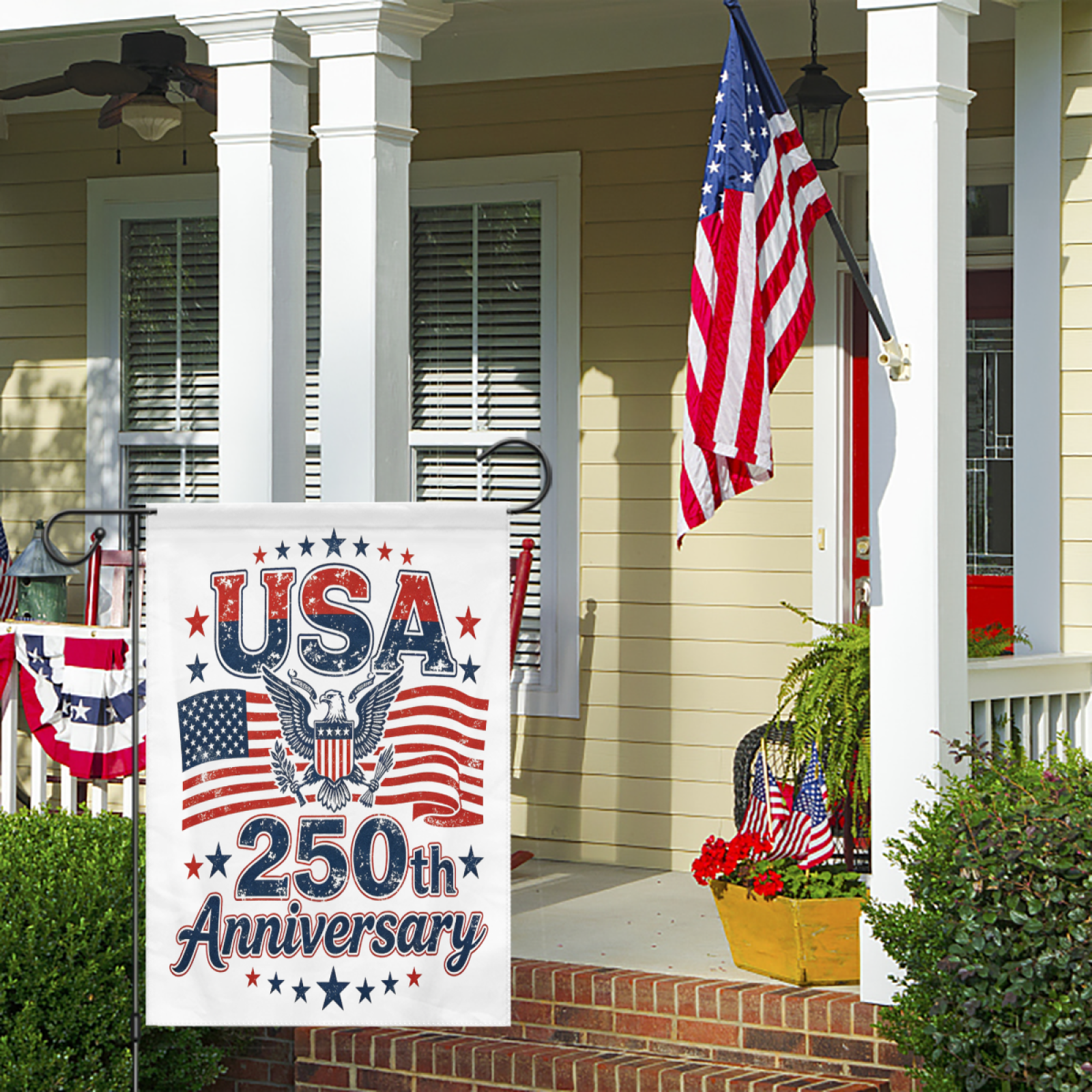 The flag displayed on a porch alongside an American flag, enhancing the patriotic theme.
