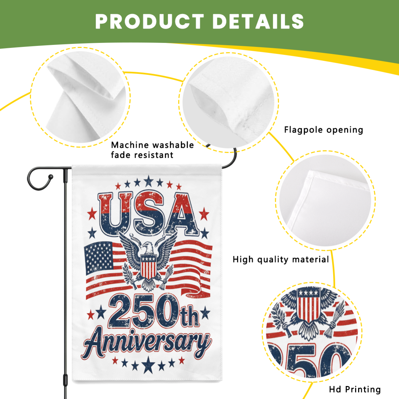 Close-up product details: machine washable/fade-resistant fabric, flagpole opening, high-quality material, and HD printing.