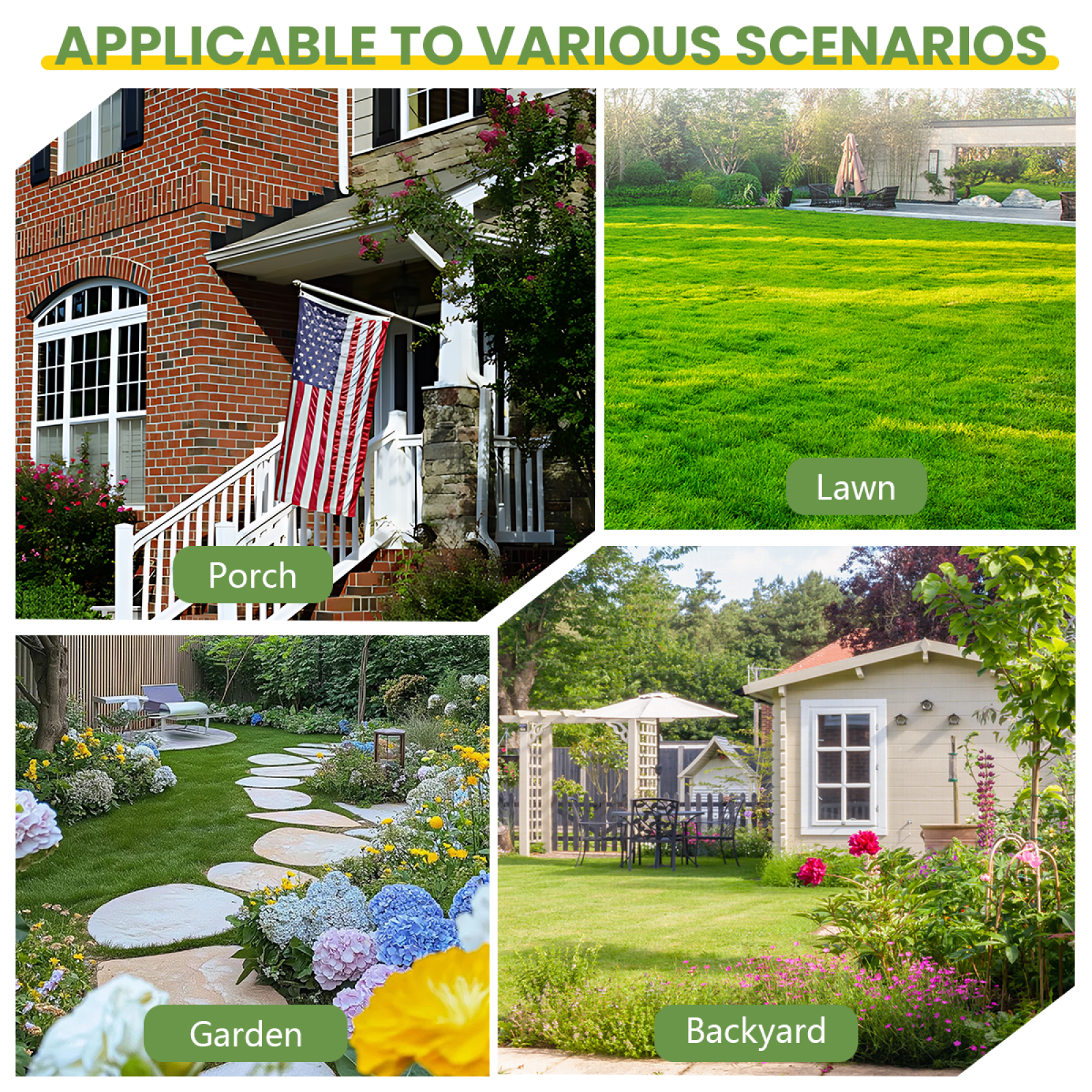 Collage of 4 outdoor scenes (porch, lawn, garden, backyard) showing the flag’s versatility for home decor.