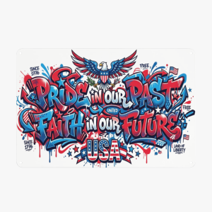 Graffiti patriotic tin sign printed with bald eagle, 1776 mark, USA slogan and American flag splatter elements