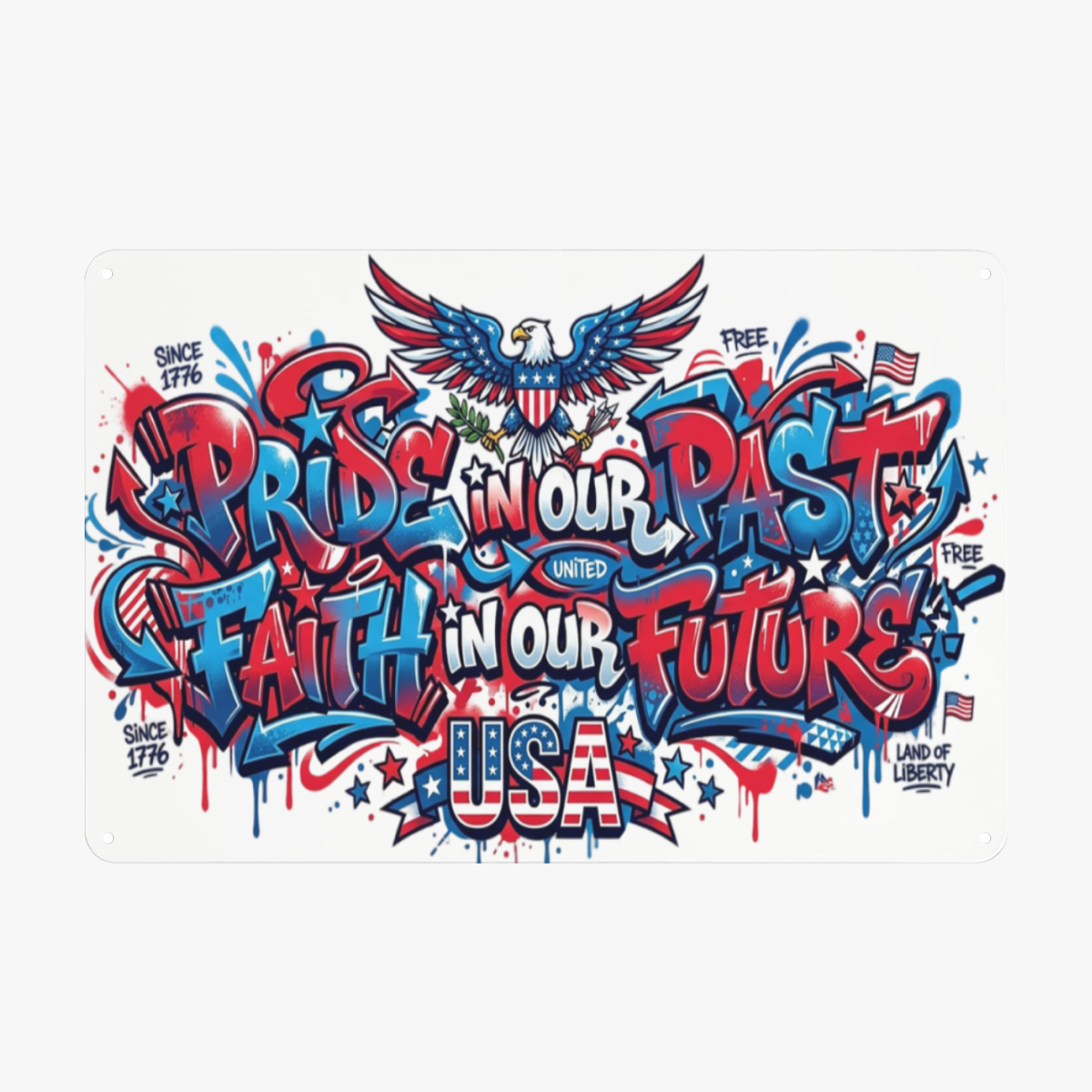 Graffiti patriotic tin sign printed with bald eagle, 1776 mark, USA slogan and American flag splatter elements